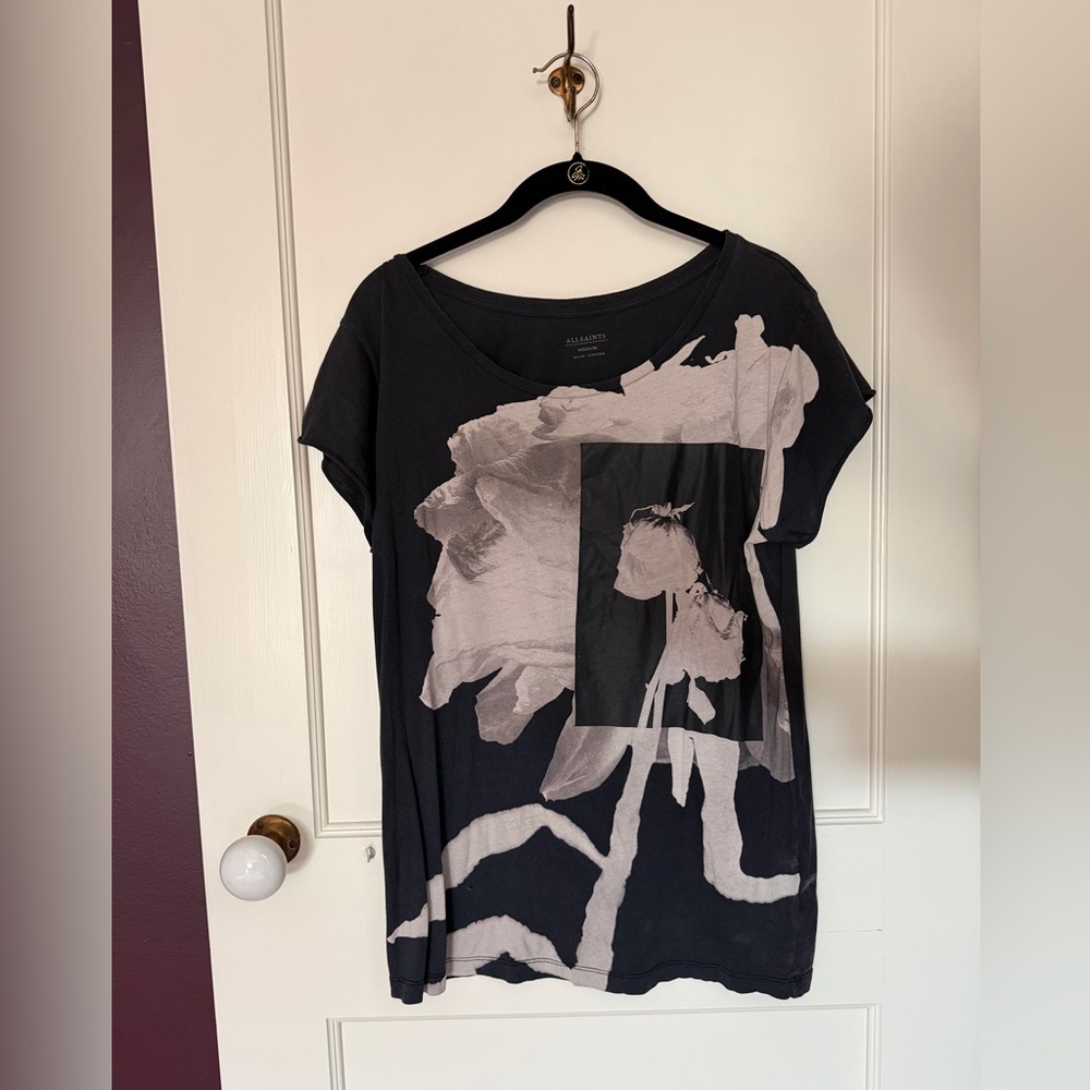 All Saints Black Tee with Pale Pink Graphic